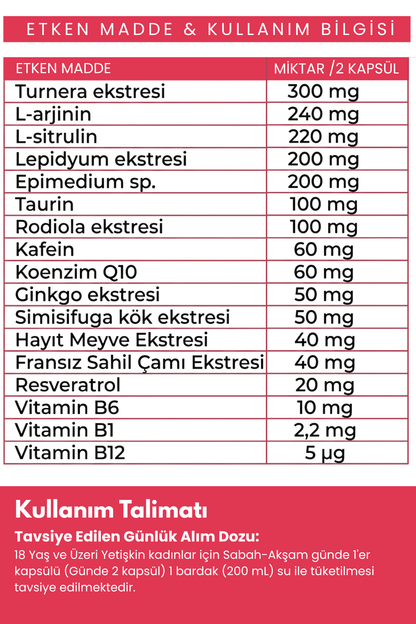 Natilis Women Turnera Ekstresi, L-Arginin, L-Sitrulin & Multivitamin Komplex Formül - 60 Kapsül