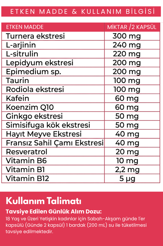 Natilis Women Turnera Ekstresi, L-Arginin, L-Sitrulin & Multivitamin Komplex Formül - 60 Kapsül