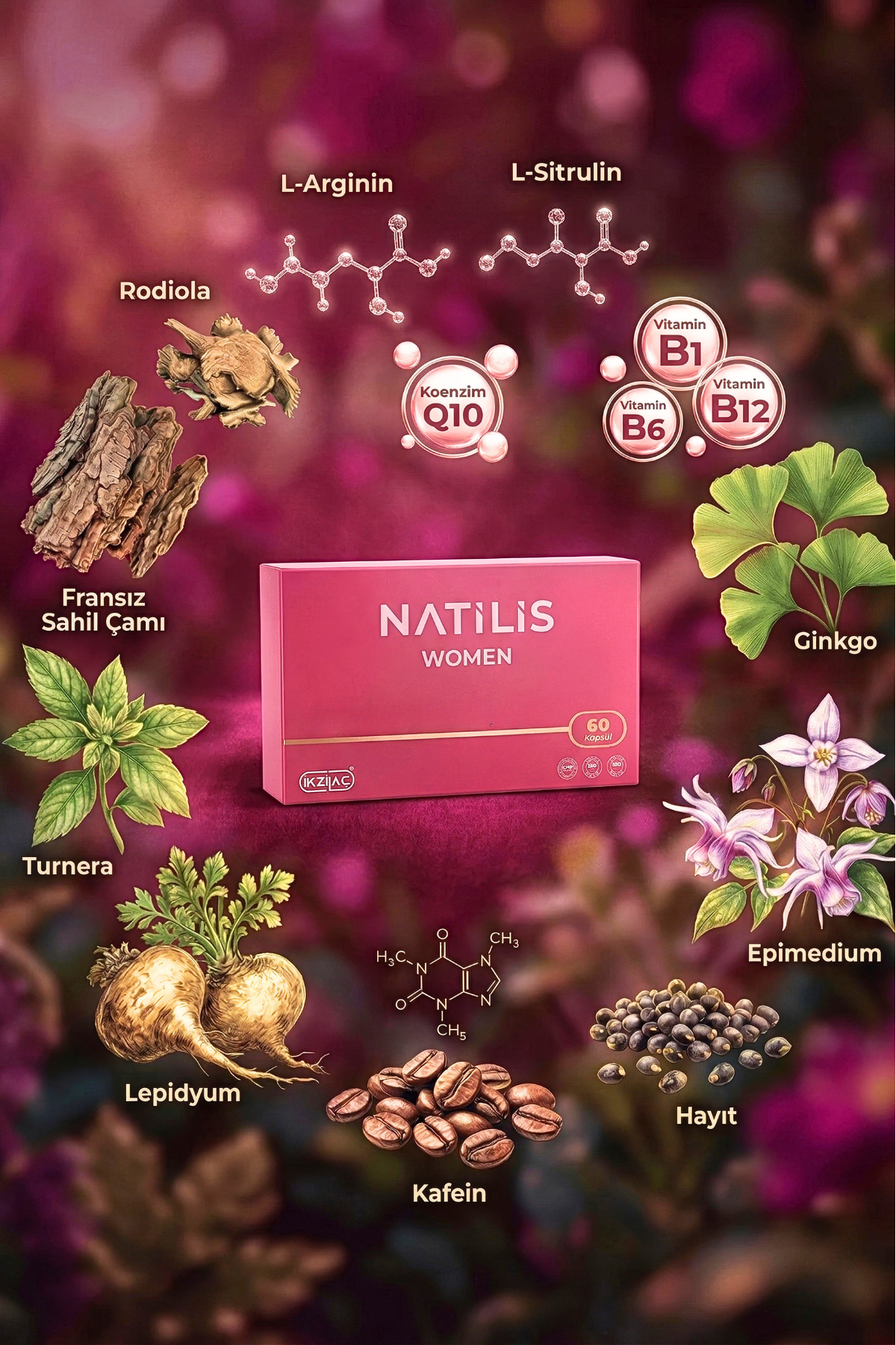 Natilis Women Turnera Ekstresi, L-Arginin, L-Sitrulin & Multivitamin Komplex Formül - 60 Kapsül